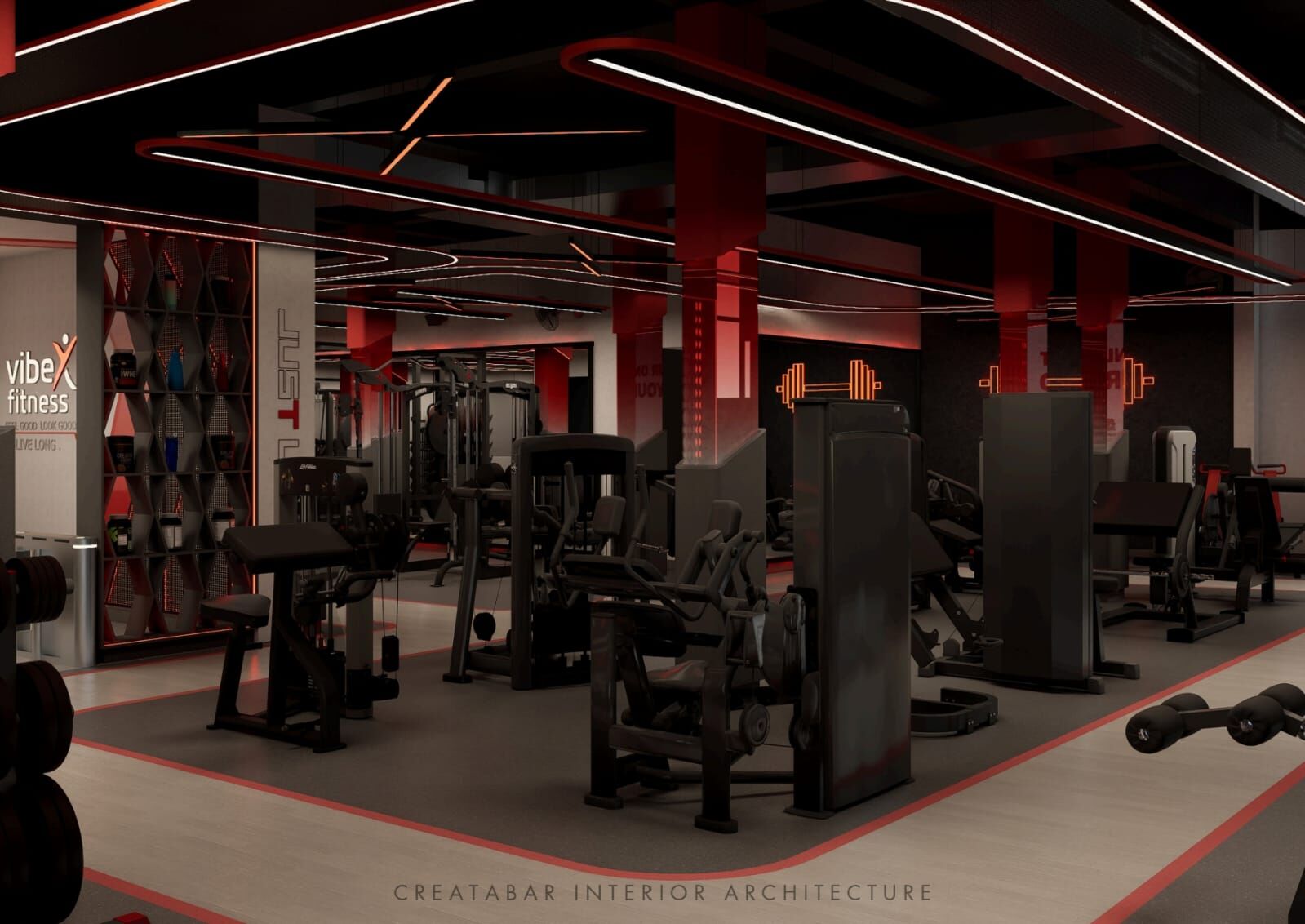 Machine floor render with neon dumbbell signs