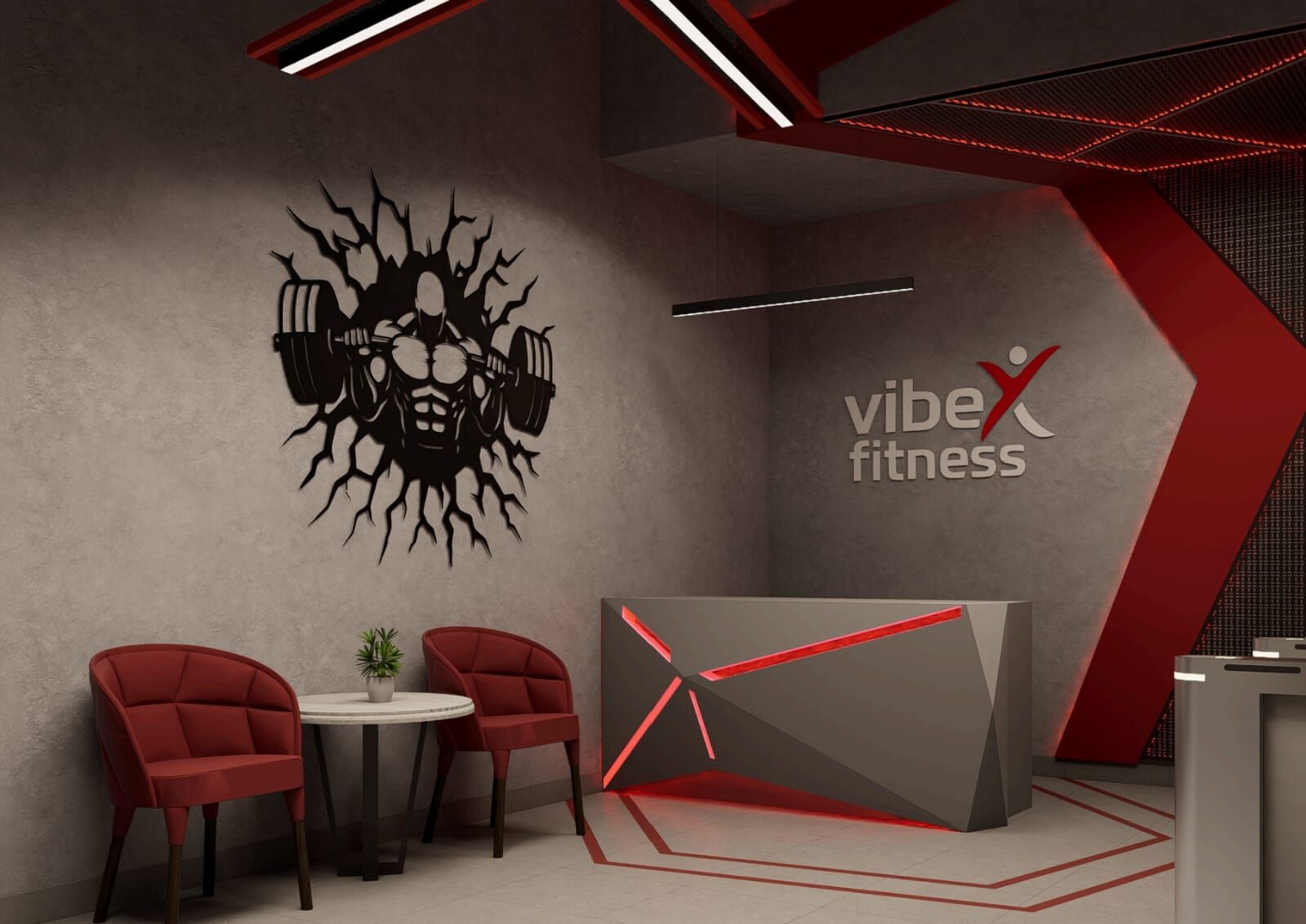 Reception design with geometric red-lit desk and vibex fitness wall logo