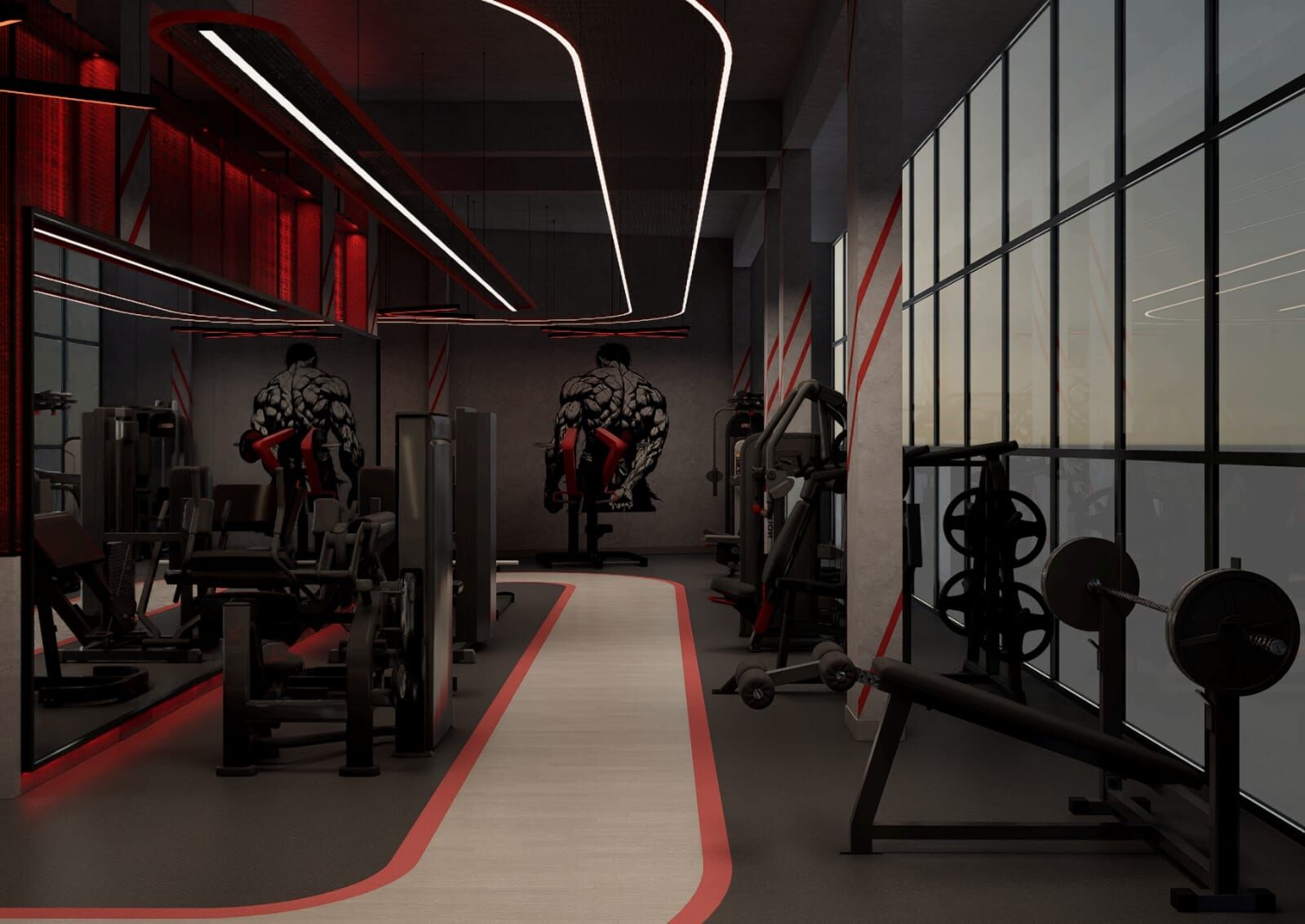 Training track render beside floor-to-ceiling windows